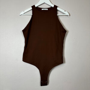 REORIA Women Brown Sleeveless High‎ Neck Thong Bodysuit Snap Closure Size L